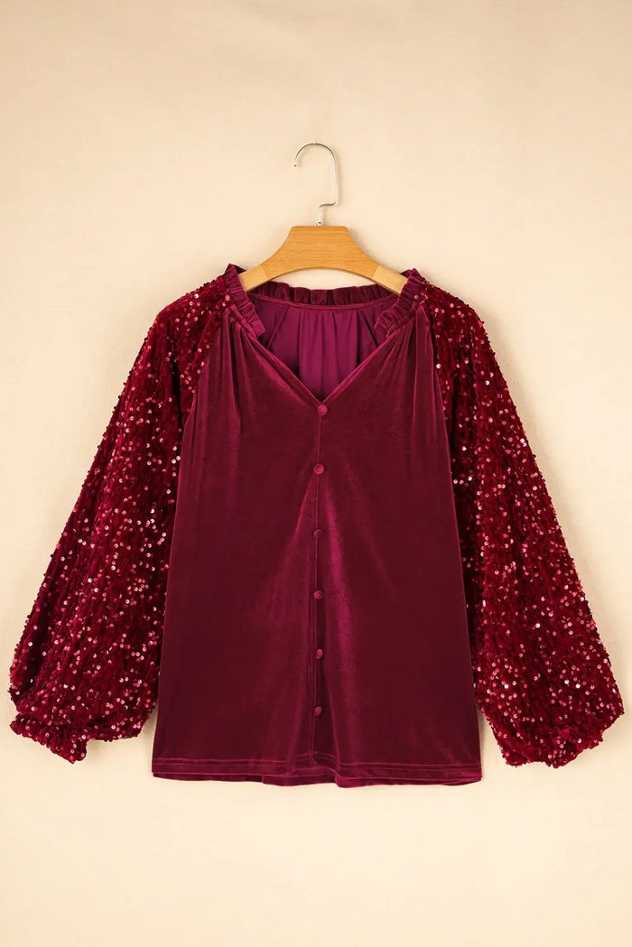 Red Dahlia Sequin Patchwork Sleeve Button Up Velvet Top - Occasionwear/party tops