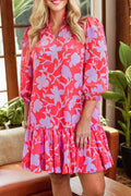 Red Floral 3/4 Sleeves Ruffle Hem Mini Dress - S - Dresses/Mini Dresses
