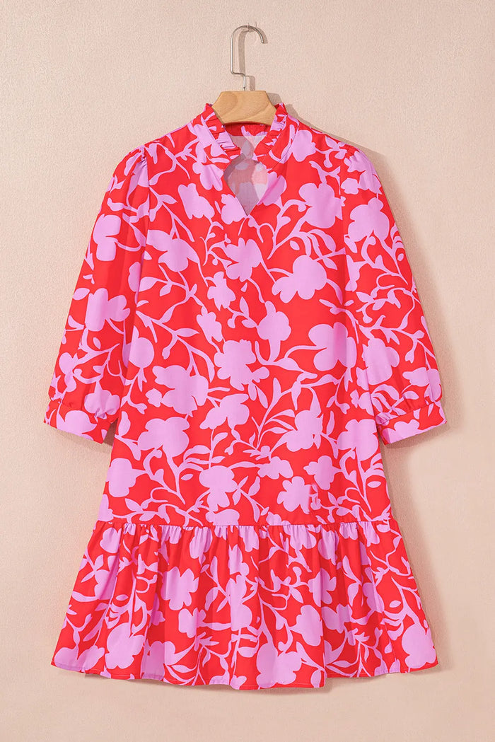 Red Floral 3/4 Sleeves Ruffle Hem Mini Dress - Dresses/Mini Dresses