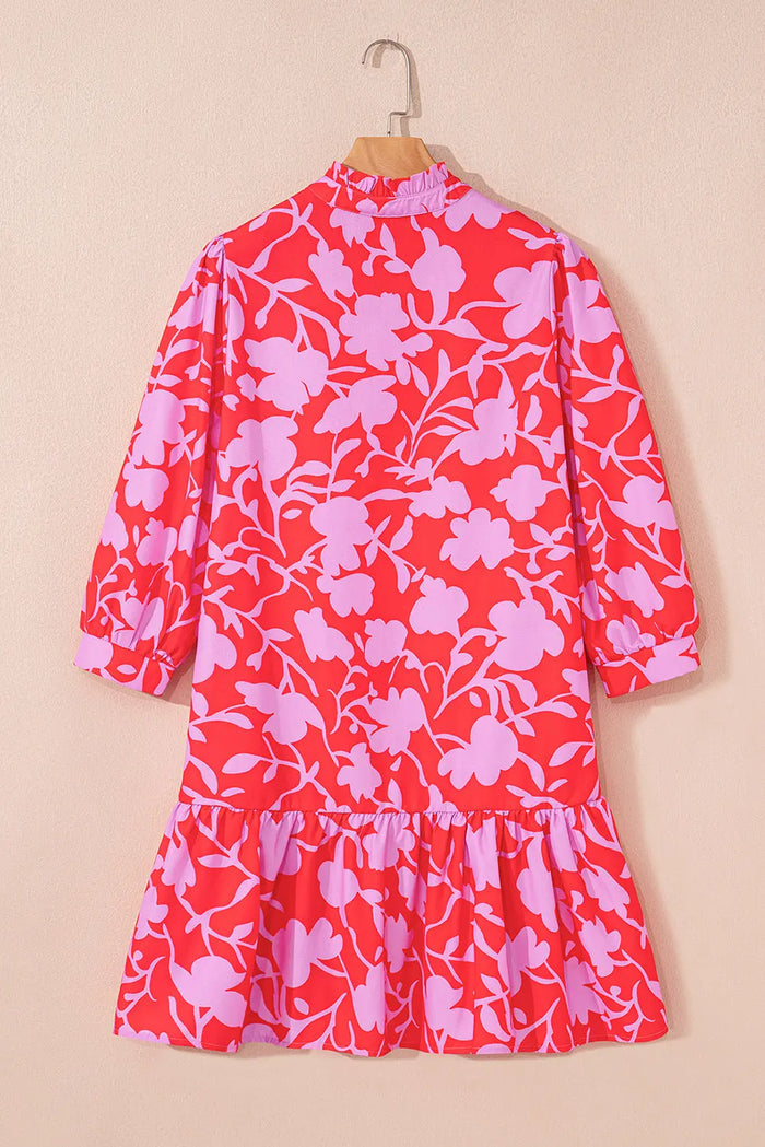 Red Floral 3/4 Sleeves Ruffle Hem Mini Dress - Dresses/Mini Dresses