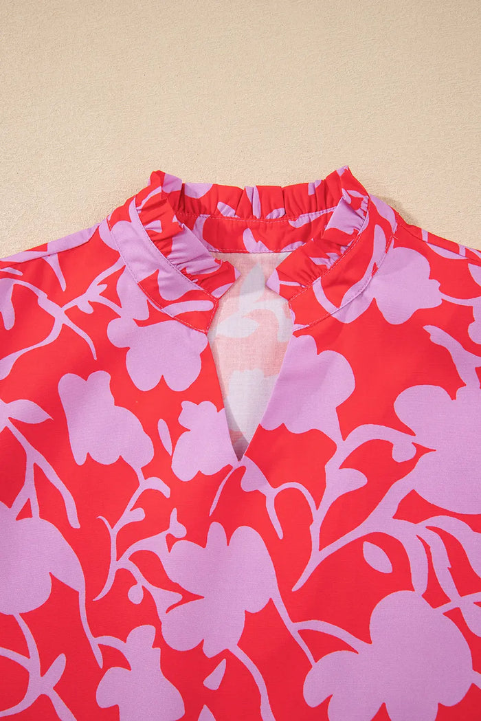 Red Floral 3/4 Sleeves Ruffle Hem Mini Dress - Dresses/Mini Dresses