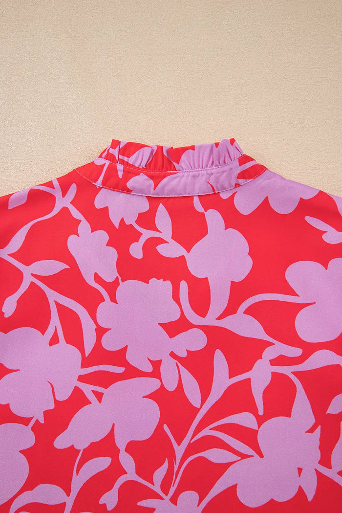 Red Floral 3/4 Sleeves Ruffle Hem Mini Dress - Dresses/Mini Dresses
