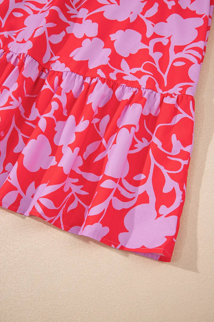 Red Floral 3/4 Sleeves Ruffle Hem Mini Dress - Dresses/Mini Dresses