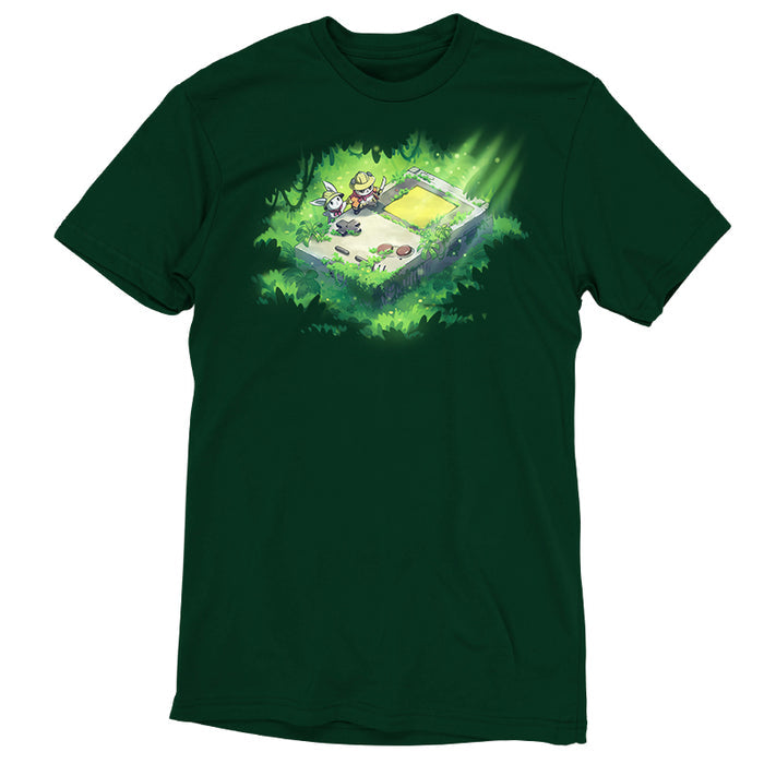 Men's Premium T-Shirt_TeeTurtle forest green Relics of the Past apparel featuring a panda and a bunny wearing explorer outfits climbing over a gigantic handheld video gaming device that’s overgrown with plants in a jungle.