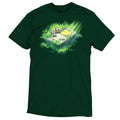 Men's Premium T-Shirt_TeeTurtle forest green Relics of the Past apparel featuring a panda and a bunny wearing explorer outfits climbing over a gigantic handheld video gaming device that’s overgrown with plants in a jungle.