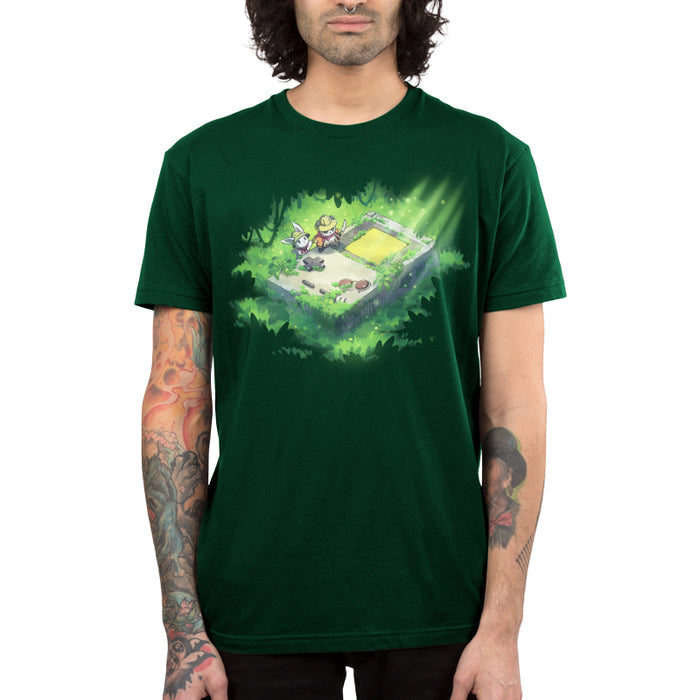 Men's Premium T-Shirt_TeeTurtle forest green Relics of the Past apparel featuring a panda and a bunny wearing explorer outfits climbing over a gigantic handheld video gaming device that’s overgrown with plants in a jungle.