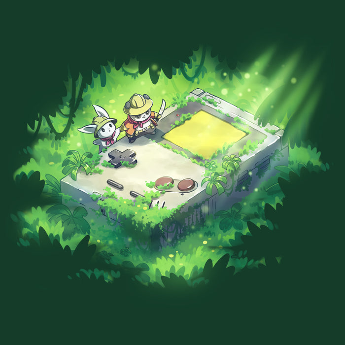 Women's Premium T-Shirt_TeeTurtle forest green Relics of the Past apparel featuring a panda and a bunny wearing explorer outfits climbing over a gigantic handheld video gaming device that’s overgrown with plants in a jungle.