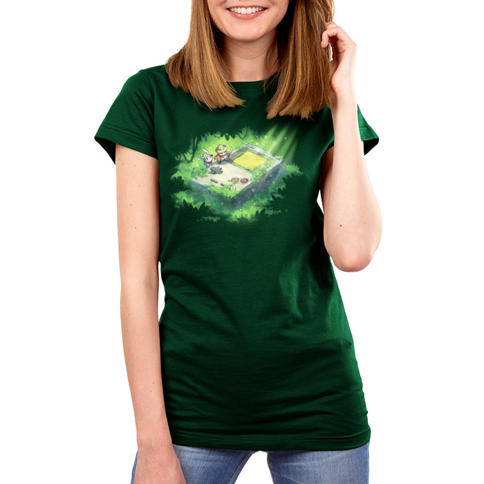 Women's Premium T-Shirt_TeeTurtle forest green Relics of the Past apparel featuring a panda and a bunny wearing explorer outfits climbing over a gigantic handheld video gaming device that’s overgrown with plants in a jungle.