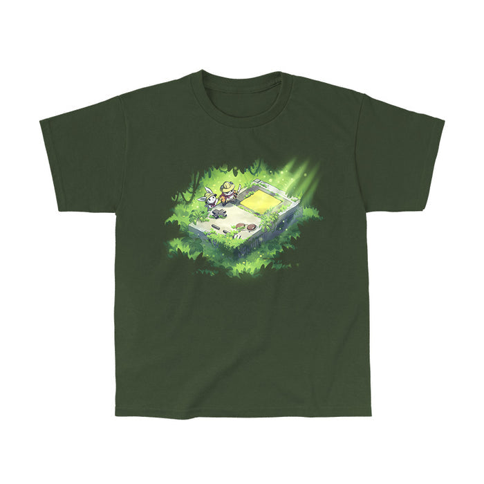 Kids' Classic T-Shirt_TeeTurtle forest green Relics of the Past apparel featuring a panda and a bunny wearing explorer outfits climbing over a gigantic handheld video gaming device that’s overgrown with plants in a jungle.