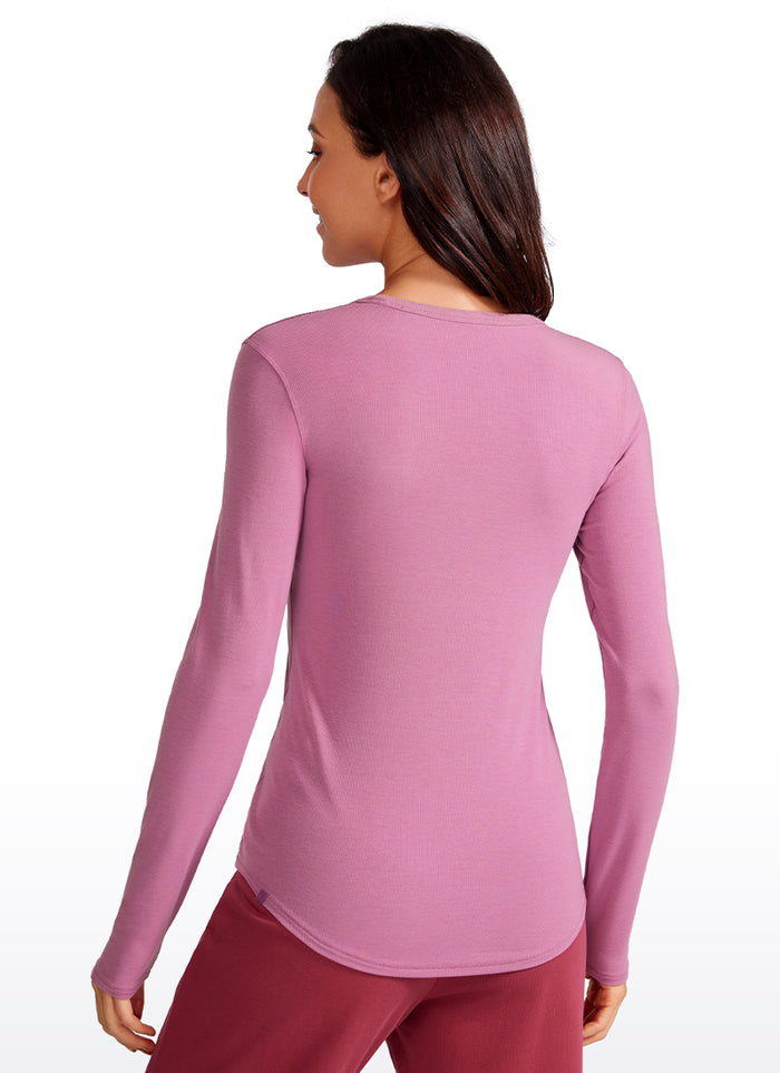 CRZ YOGA Women's Daily Casual Ribbed Crewneck Long Sleeves Slim Fit Velvet Dust