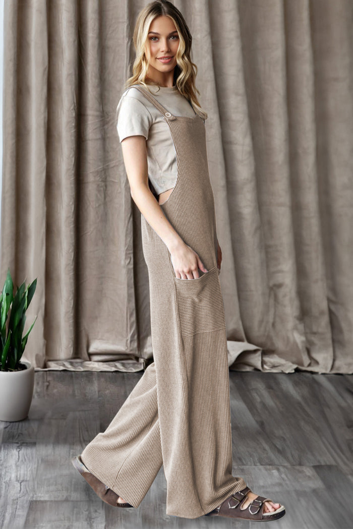Ribbed Knit Wide Leg Overalls