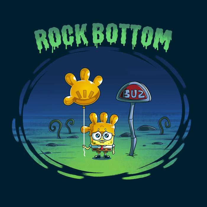 Premium Cotton T-shirt_TeeTurtle navy blue SpongeBob Rock Bottom apparel featuring SpongeBob Square Pants holding a yellow balloon that looks like a four fingered hand while wearing a second simliar balooon on his head as a hat. He looks sad and he's next to a "Buz" sign.The words "Rock Bottom" are on top in green and they look like they are melting or dripping.