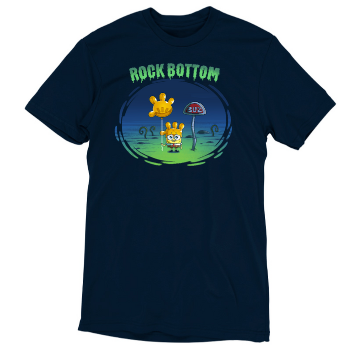 Premium Cotton T-shirt_TeeTurtle navy blue SpongeBob Rock Bottom apparel featuring SpongeBob Square Pants holding a yellow balloon that looks like a four fingered hand while wearing a second simliar balooon on his head as a hat. He looks sad and he's next to a "Buz" sign.The words "Rock Bottom" are on top in green and they look like they are melting or dripping.