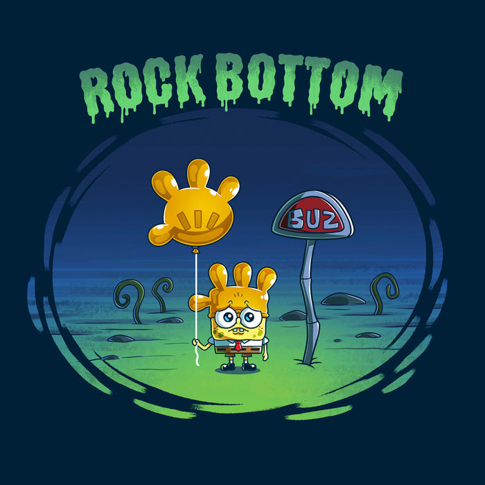 Classic Cotton T-shirt_TeeTurtle navy blue SpongeBob Rock Bottom apparel featuring SpongeBob Square Pants holding a yellow balloon that looks like a four fingered hand while wearing a second simliar balooon on his head as a hat. He looks sad and he's next to a "Buz" sign.The words "Rock Bottom" are on top in green and they look like they are melting or dripping.