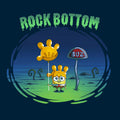Classic Cotton T-shirt_TeeTurtle navy blue SpongeBob Rock Bottom apparel featuring SpongeBob Square Pants holding a yellow balloon that looks like a four fingered hand while wearing a second simliar balooon on his head as a hat. He looks sad and he's next to a "Buz" sign.The words "Rock Bottom" are on top in green and they look like they are melting or dripping.