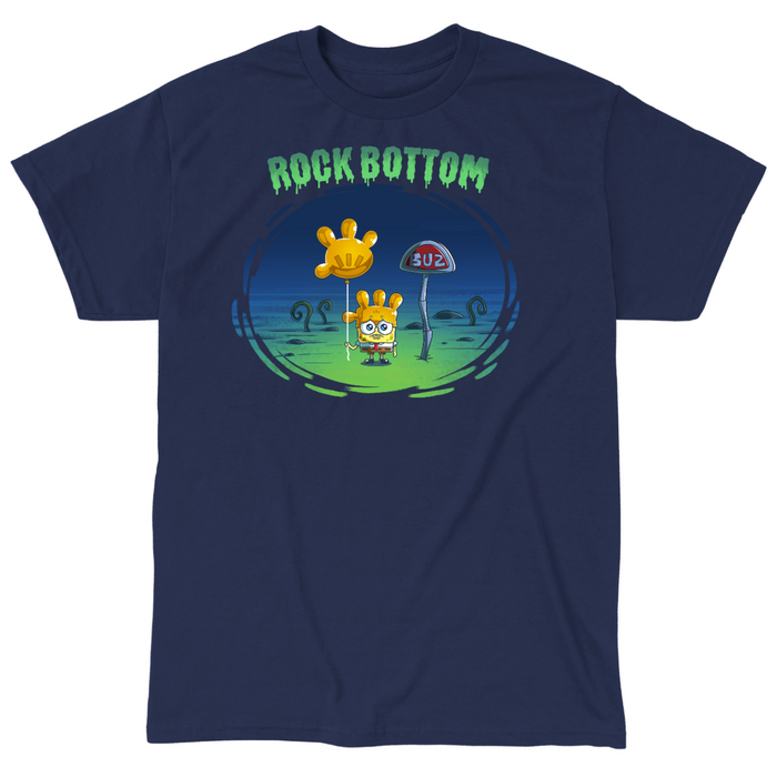 Classic Cotton T-shirt_TeeTurtle navy blue SpongeBob Rock Bottom apparel featuring SpongeBob Square Pants holding a yellow balloon that looks like a four fingered hand while wearing a second simliar balooon on his head as a hat. He looks sad and he's next to a "Buz" sign.The words "Rock Bottom" are on top in green and they look like they are melting or dripping.