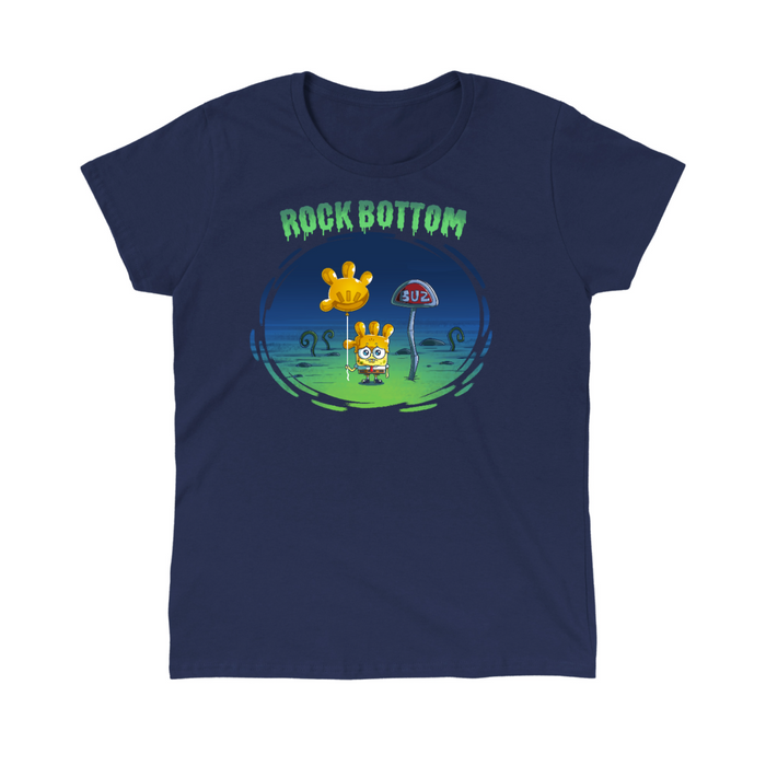 Classic Cotton T-shirt_TeeTurtle navy blue SpongeBob Rock Bottom apparel featuring SpongeBob Square Pants holding a yellow balloon that looks like a four fingered hand while wearing a second simliar balooon on his head as a hat. He looks sad and he's next to a "Buz" sign.The words "Rock Bottom" are on top in green and they look like they are melting or dripping.