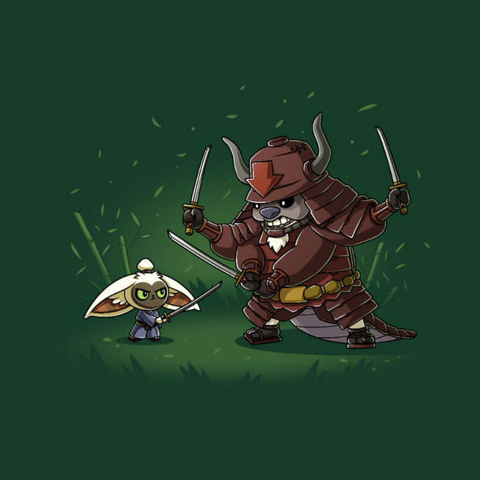 Premium Cotton T-shirt_TeeTurtle forest green Ronin Momo and Samurai Appa Premium Cotton T-shirt featuring Momo and Appa from Avatar: The Last Airbender preparing to spar. Momo has one sword while Appa has three. Their expressions are serious.