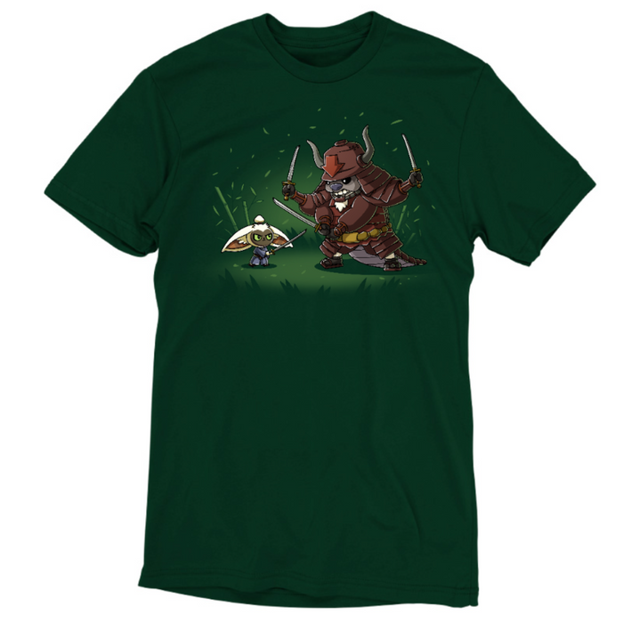 Premium Cotton T-shirt_TeeTurtle forest green Ronin Momo and Samurai Appa Premium Cotton T-shirt featuring Momo and Appa from Avatar: The Last Airbender preparing to spar. Momo has one sword while Appa has three. Their expressions are serious.