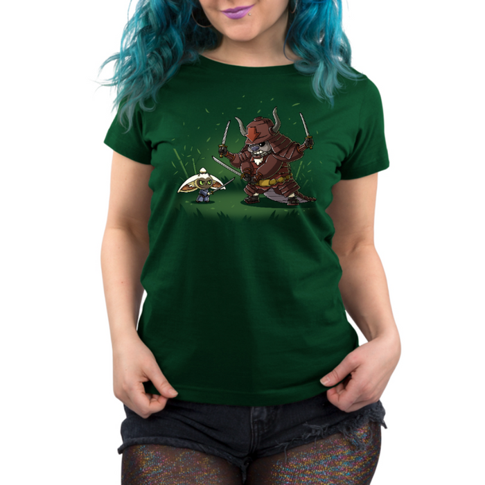 Premium Cotton T-shirt_TeeTurtle forest green Ronin Momo and Samurai Appa Premium Cotton T-shirt featuring Momo and Appa from Avatar: The Last Airbender preparing to spar. Momo has one sword while Appa has three. Their expressions are serious.