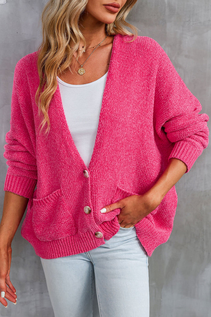 Rose Buttons Front Pocketed Sweater Cardigan - ROSE / S / 100% POLYESTER - Sweaters & Cardigans/Cardigans
