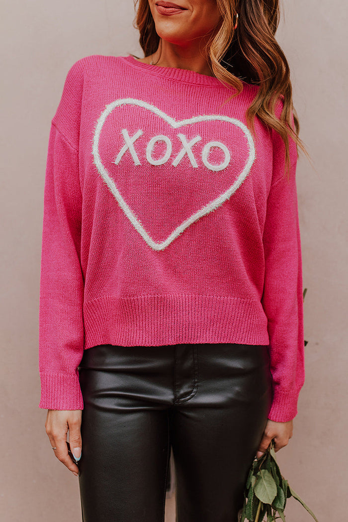 Rose Heart XOXO Pattern Drop Shoulder Rib Knit Sweater - Sweaters & Cardigans/Sweaters