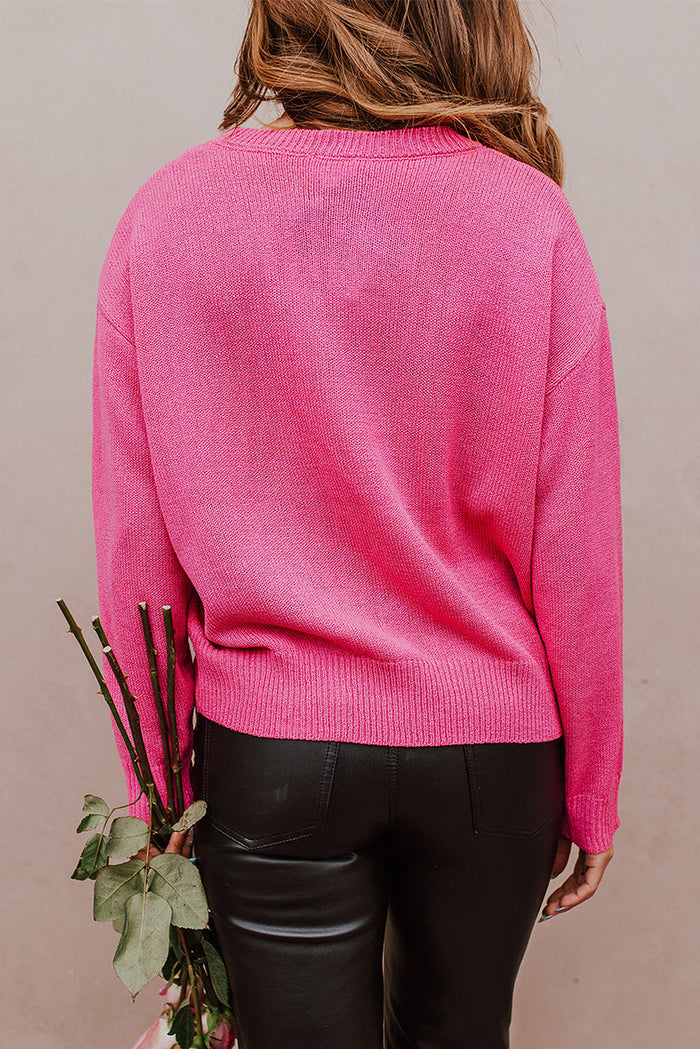 Rose Heart XOXO Pattern Drop Shoulder Rib Knit Sweater - Sweaters & Cardigans/Sweaters