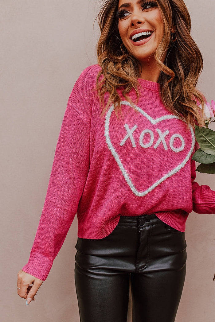 Rose Heart XOXO Pattern Drop Shoulder Rib Knit Sweater - Sweaters & Cardigans/Sweaters