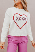 Rose Heart XOXO Pattern Drop Shoulder Rib Knit Sweater - WHITE / S / 55% ACRYLIC + 45% COTTON - Sweaters &