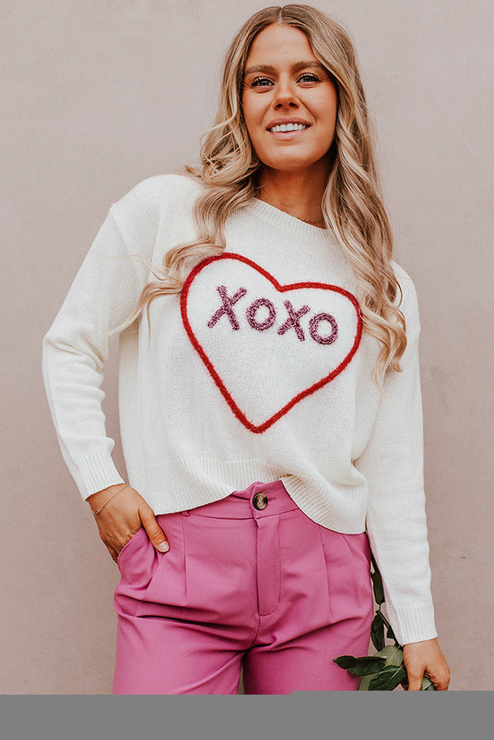 Rose Heart XOXO Pattern Drop Shoulder Rib Knit Sweater - Sweaters & Cardigans/Sweaters
