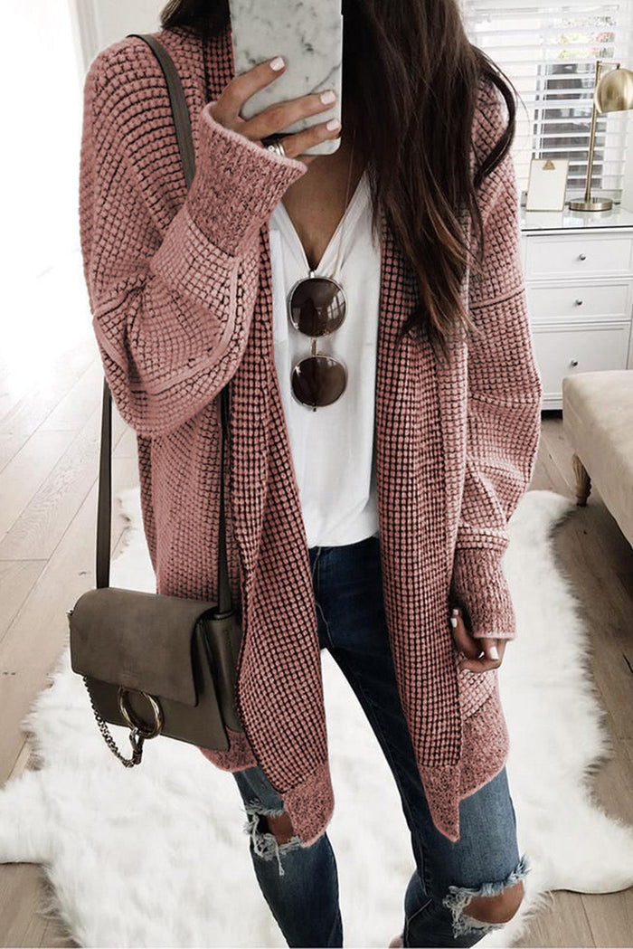 Rose Plaid Knitted Long Open Front Cardigan - PINK / S / 65% ACRYLIC + 35% POLYESTER - Sweaters & Cardigans/Cardigans