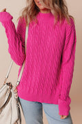 Rose Red Solid Cable Knit High Neck Drop Shoulder Sweater - ROSE RED / S / 50% VISCOSE + 28% POLYESTER + 22% POLYAMIDE