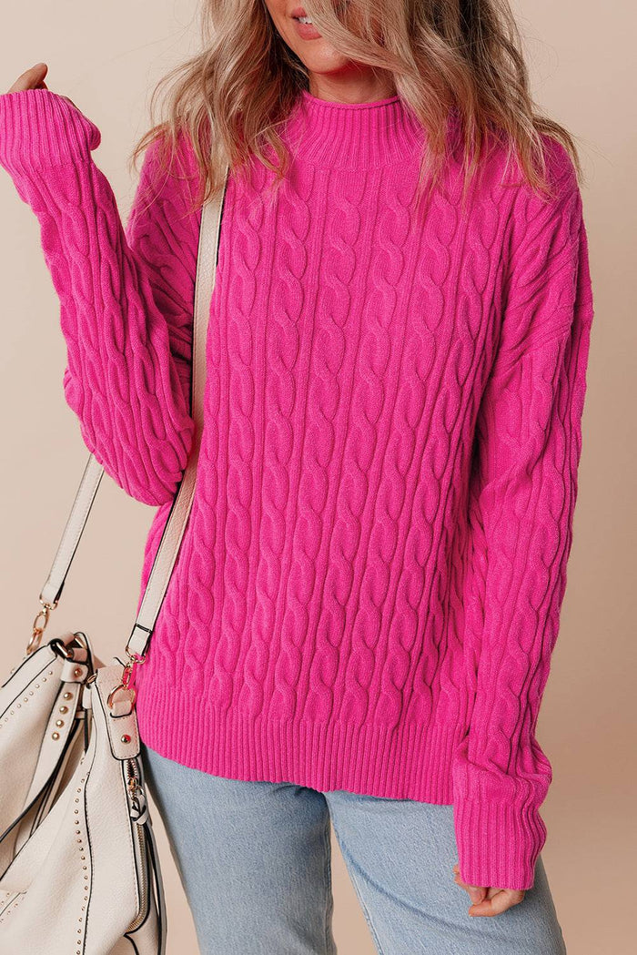 Rose Red Solid Cable Knit High Neck Drop Shoulder Sweater - ROSE RED / S / 50% VISCOSE + 28% POLYESTER + 22% POLYAMIDE