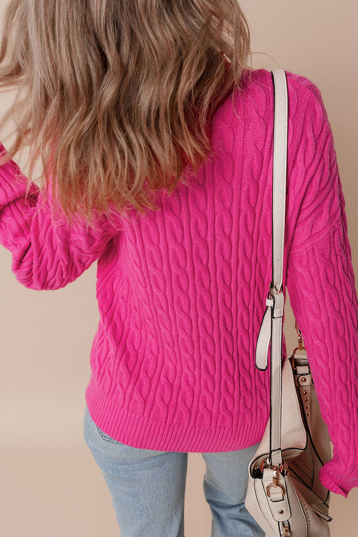 Rose Red Solid Cable Knit High Neck Drop Shoulder Sweater - Sweaters & Cardigans/Sweaters