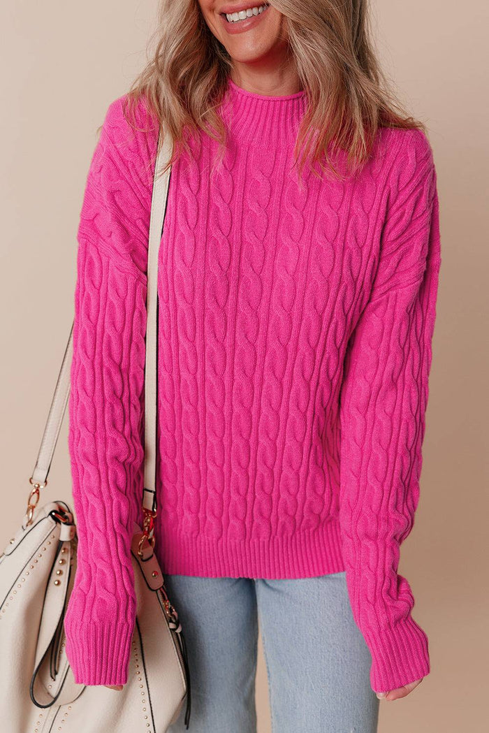 Rose Red Solid Cable Knit High Neck Drop Shoulder Sweater - Sweaters & Cardigans/Sweaters