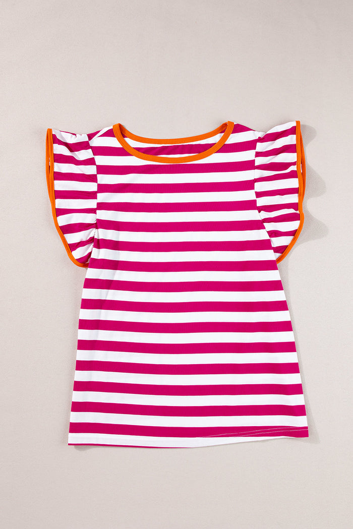 Rose Red Striped Ruffle Sleeve Crew Neck Blouse - Tops/Blouses & Shirts