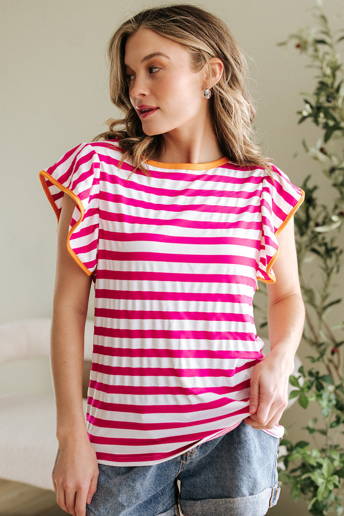 Rose Red Striped Ruffle Sleeve Crew Neck Blouse - Tops/Blouses & Shirts