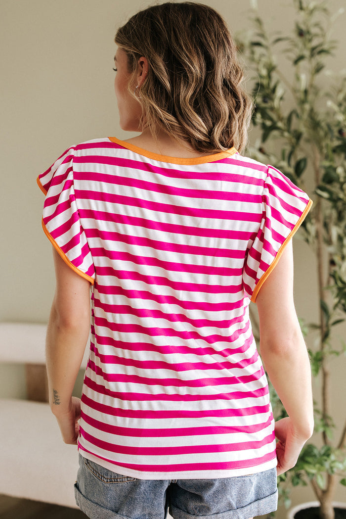 Rose Red Striped Ruffle Sleeve Crew Neck Blouse - Tops/Blouses & Shirts