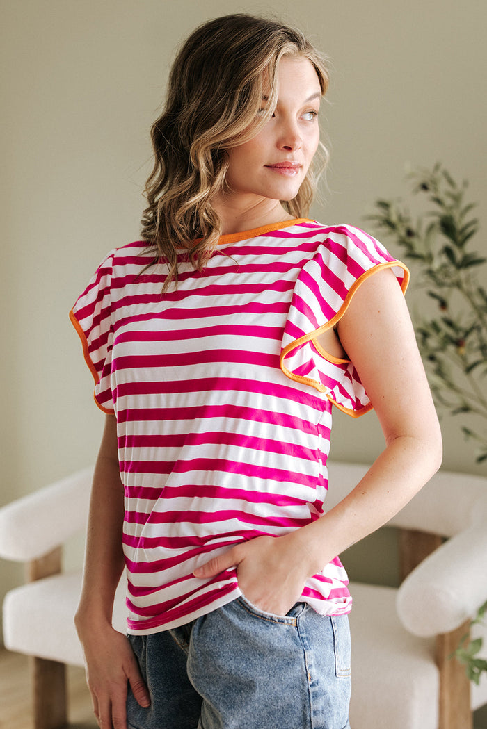 Rose Red Striped Ruffle Sleeve Crew Neck Blouse - Tops/Blouses & Shirts