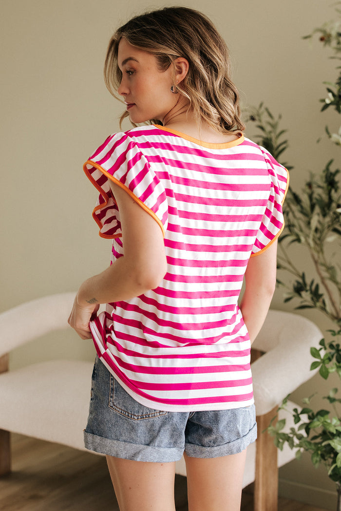 Rose Red Striped Ruffle Sleeve Crew Neck Blouse - Tops/Blouses & Shirts