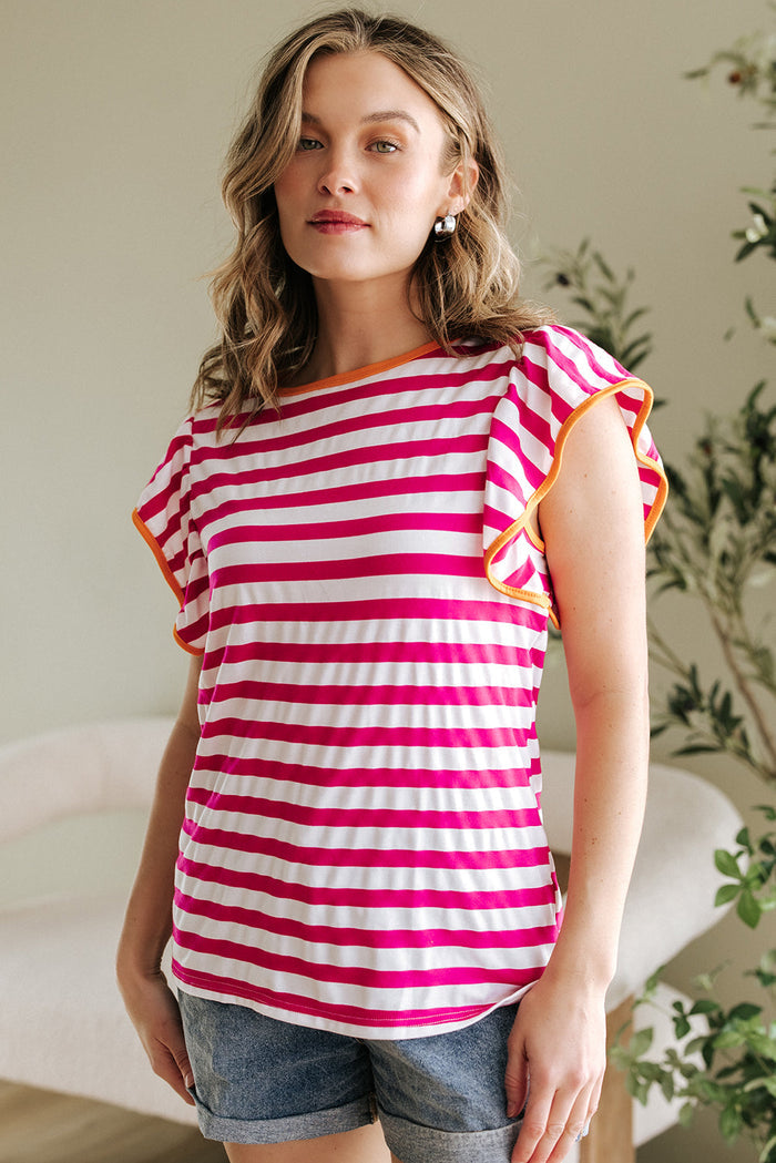Rose Red Striped Ruffle Sleeve Crew Neck Blouse - Tops/Blouses & Shirts