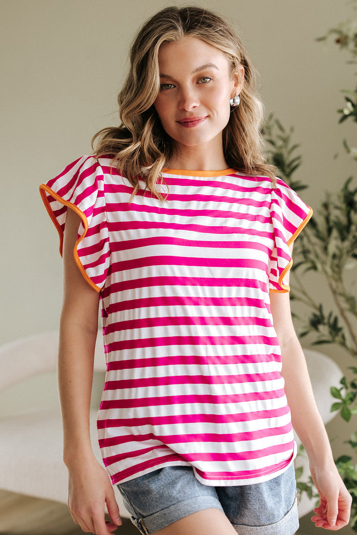 Rose Red Striped Ruffle Sleeve Crew Neck Blouse - Tops/Blouses & Shirts