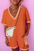 Russet Orange Two-tone Short Sleeve V Neck Patched Pocket Loose Romper - S / 70% Polyester + 30% Cotton