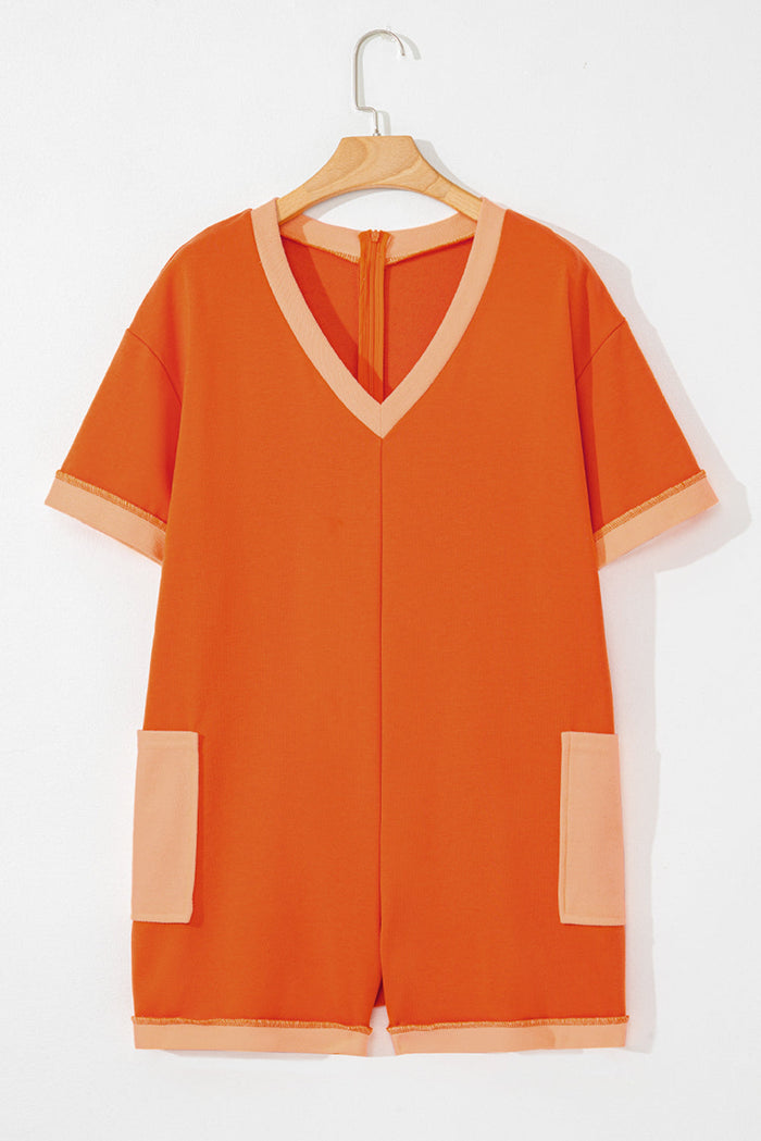 Russet Orange Two-tone Short Sleeve V Neck Patched Pocket Loose Romper - Bottoms/Jumpsuits & Rompers