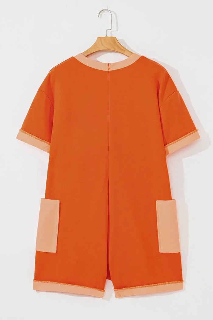 Russet Orange Two-tone Short Sleeve V Neck Patched Pocket Loose Romper - Bottoms/Jumpsuits & Rompers