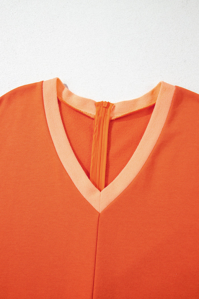 Russet Orange Two-tone Short Sleeve V Neck Patched Pocket Loose Romper - Bottoms/Jumpsuits & Rompers