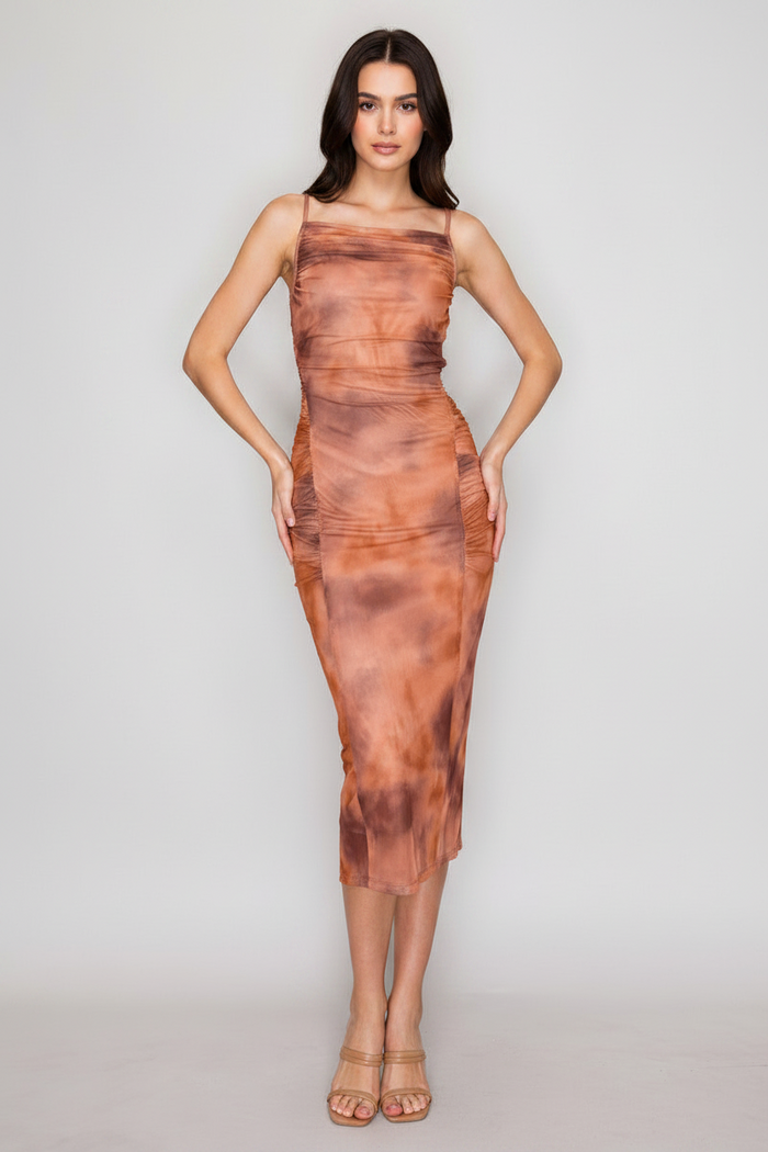 Rust Shirred Cowl Neck Printed Mesh Dress