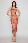Rust Shirred Cowl Neck Printed Mesh Dress