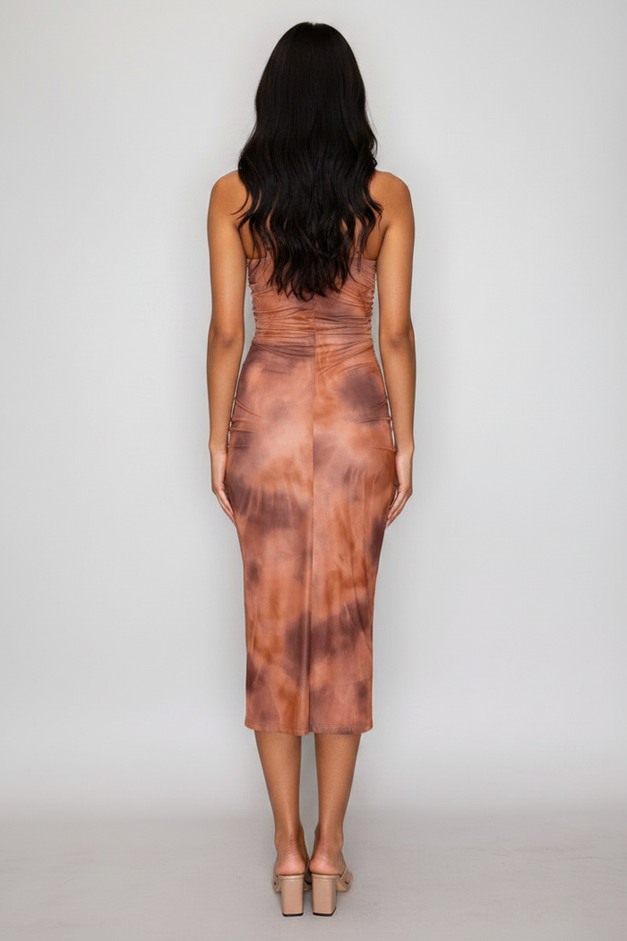 Rust Shirred Cowl Neck Printed Mesh Dress