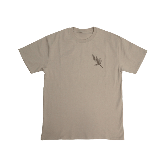 Flat lay front view of Sage Medicine Tee in beige with small chest logo